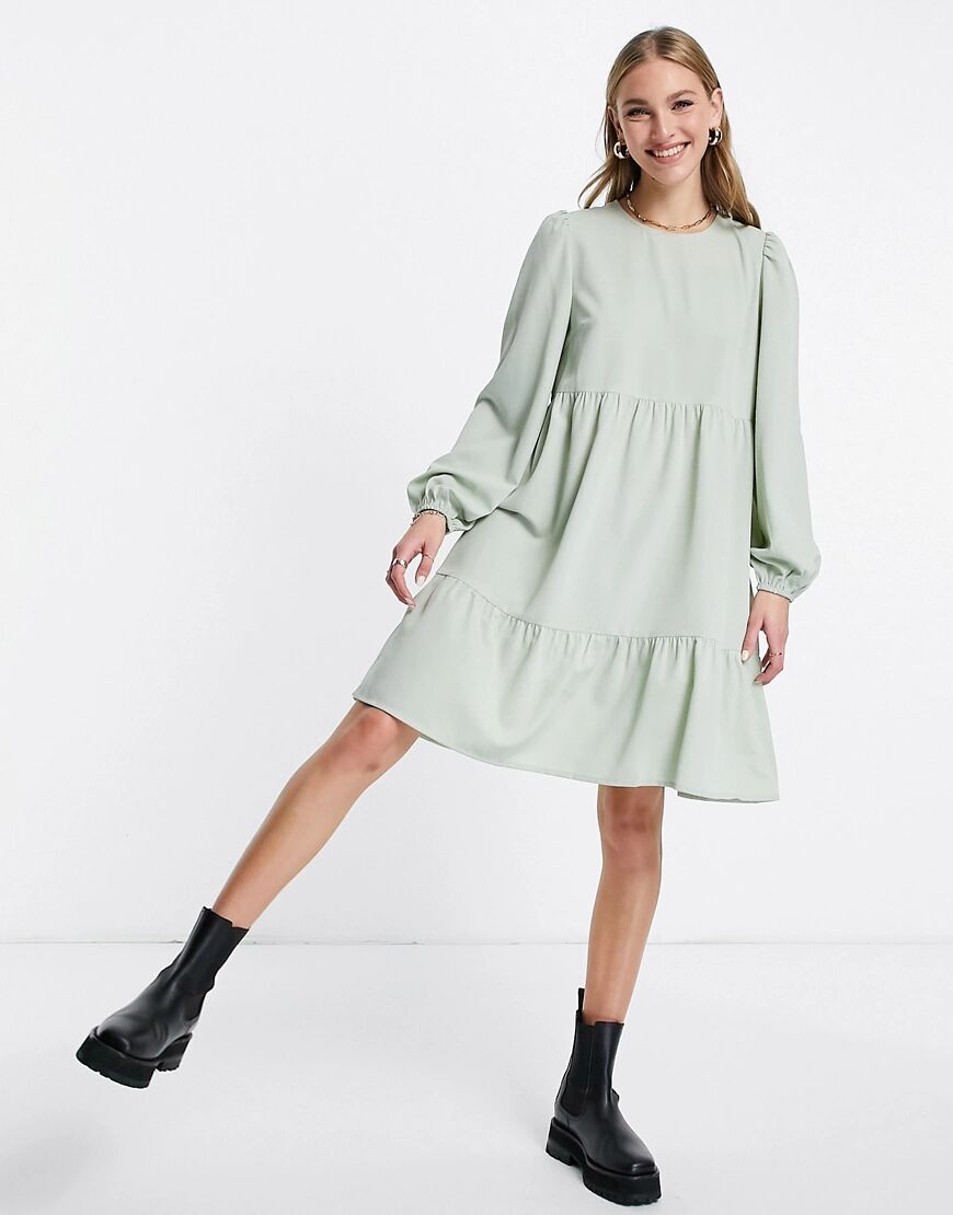 Vila tiered mini smock dress in sage green  Green