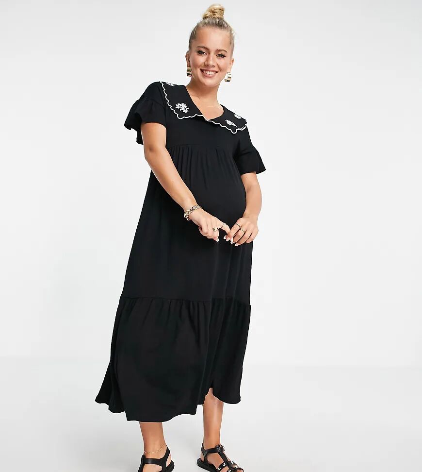 Violet Romance Maternity tiered smock midi dress with embroidered collar in black  Black