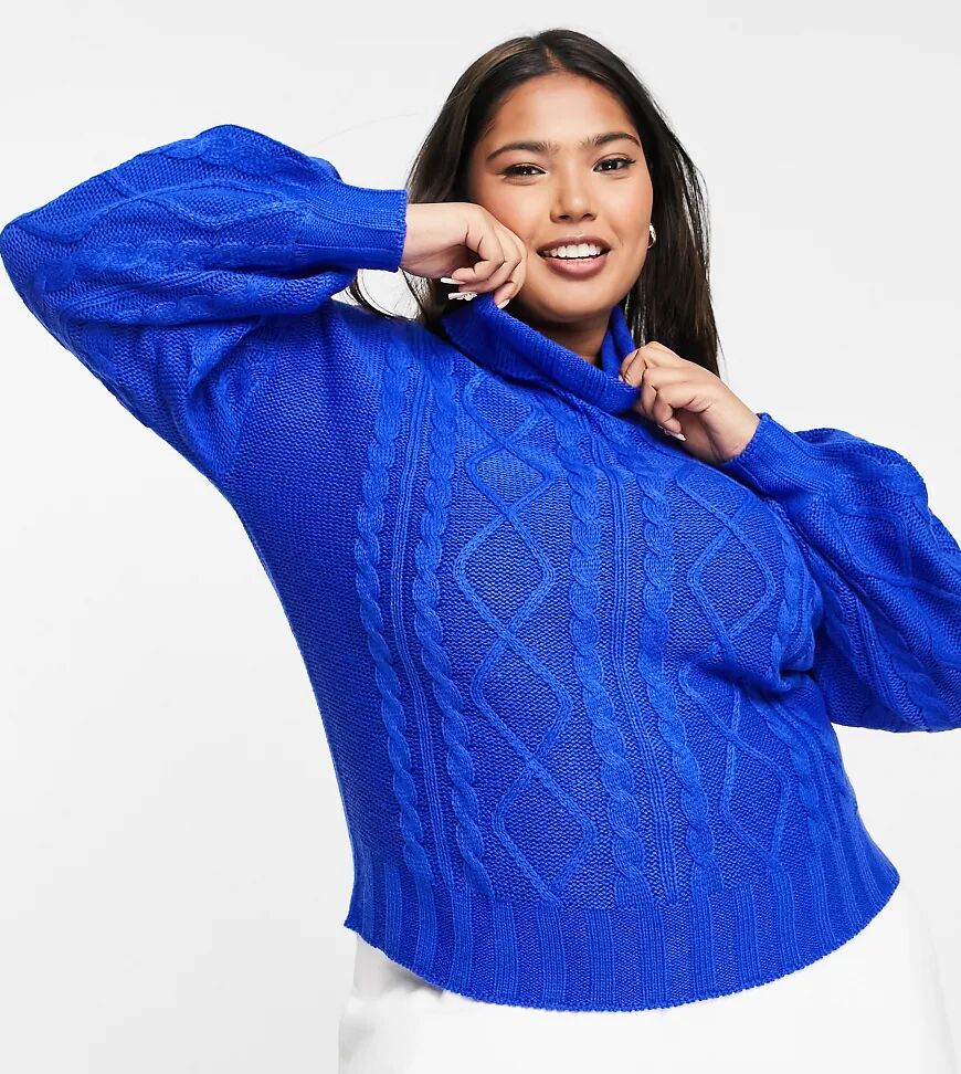 Wednesday's Girl Curve high neck jumper with balloon sleeves in chunky knit-Blue  Blue