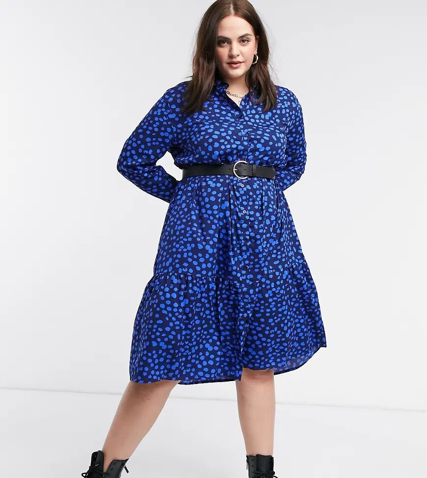 Wednesday's Girl Curve midi shirt dress with tiered skirt in tonal smudge spot-Navy  Navy