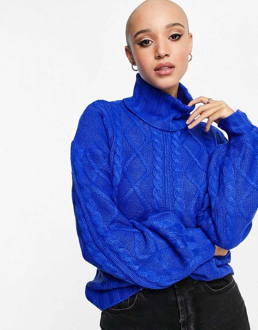 Wednesday's Girl high neck jumper with balloon sleeves in chunky knit-Blue  Blue