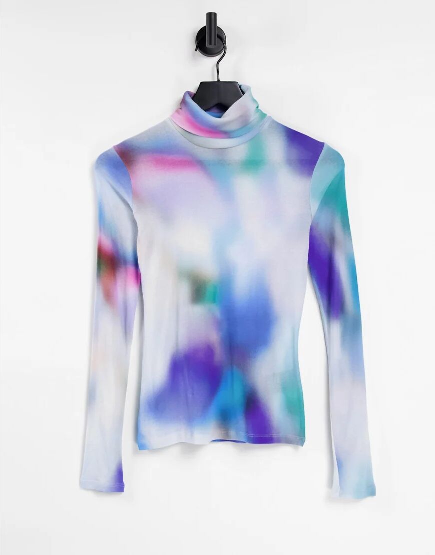 Weekday Chie cotton blur print roll neck top in blue  Blue