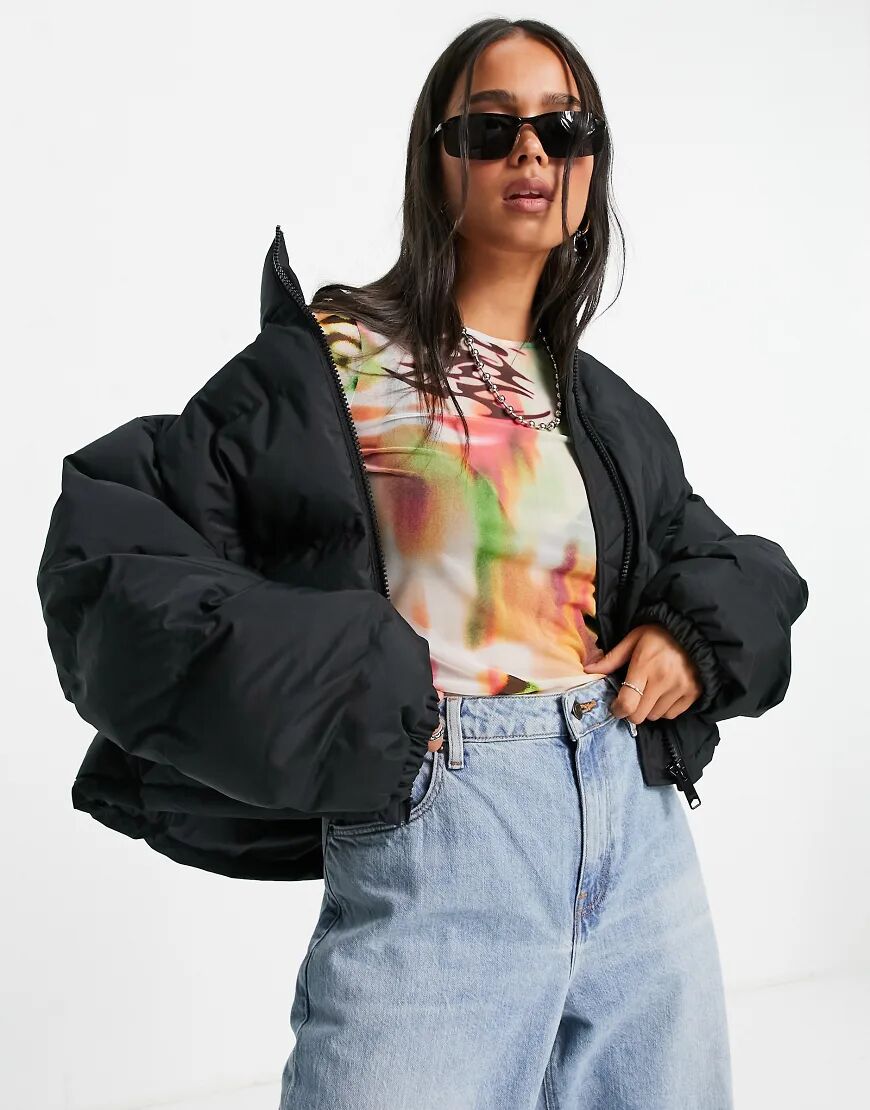 Weekday Promis recycled polyester short puffer jacket in black  Black