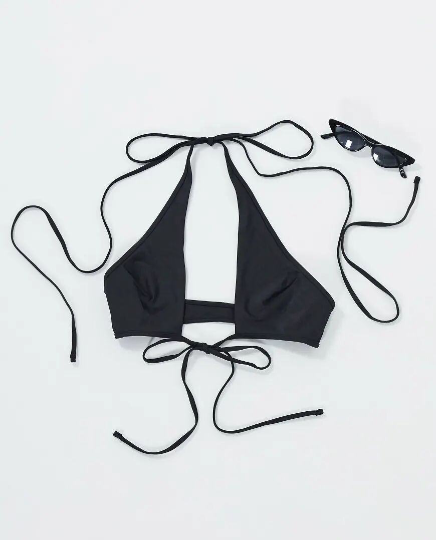 Weekday Zyme recycled polyester mix and match tie waist bikini top in black  Black