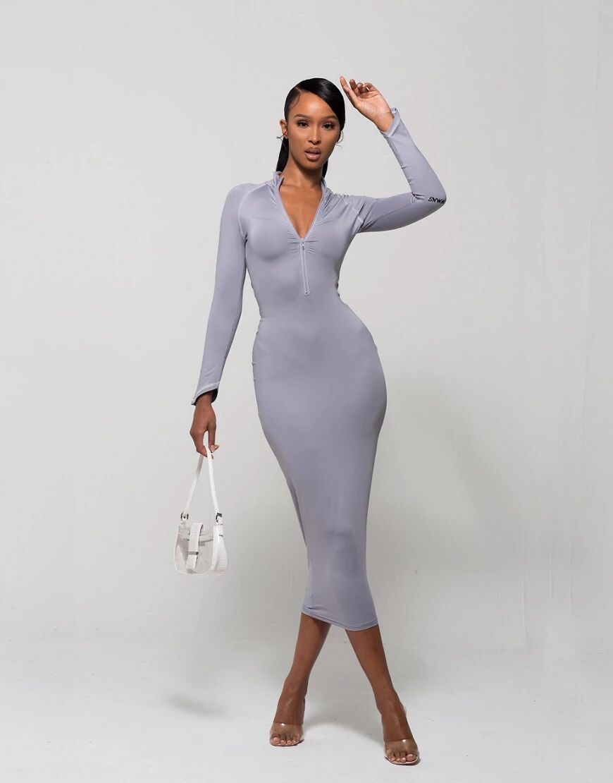 WMNSwear plunge zip front long sleeve midi dress in grey  Grey