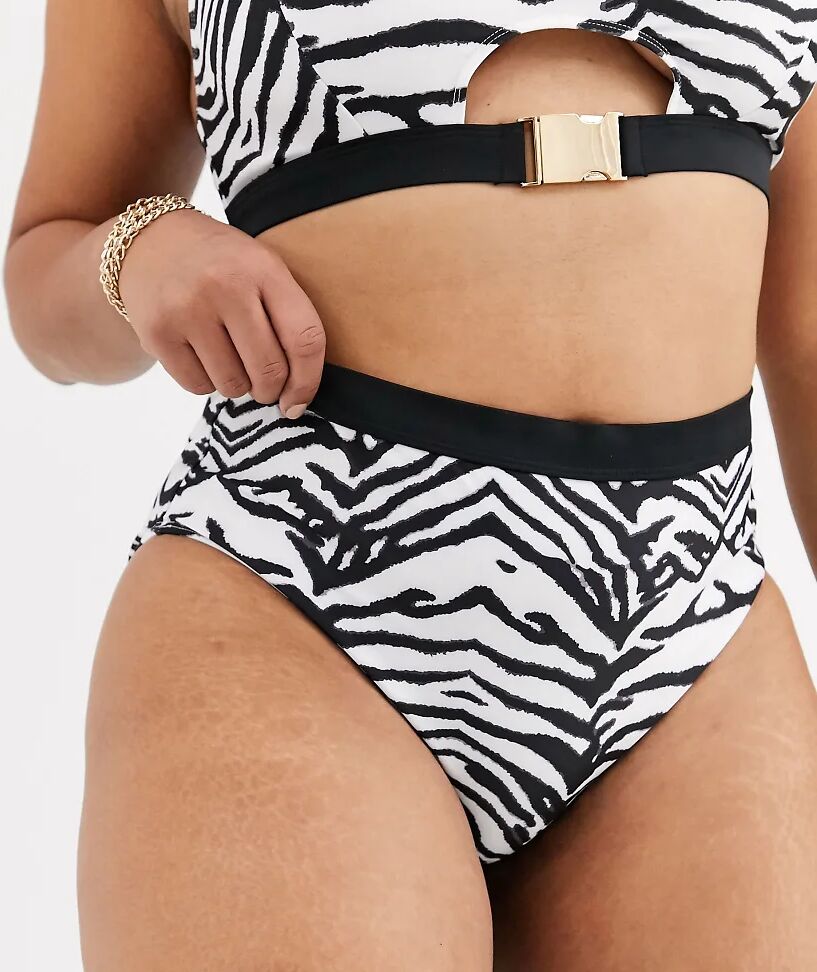 Wolf & Whistle Curve Exclusive Eco cut out high waist bikini bottom in monochrome zebra-Black  Black