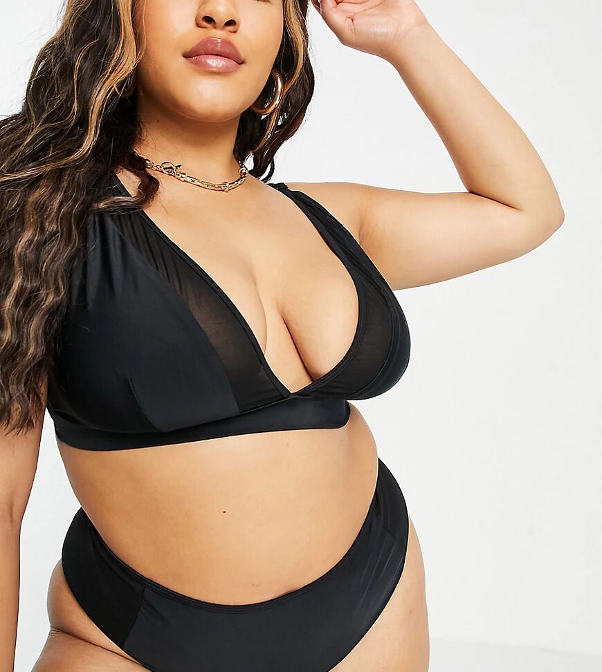 Wolf & Whistle Curve Exclusive plunge bikini top with mesh inserts in black  Black