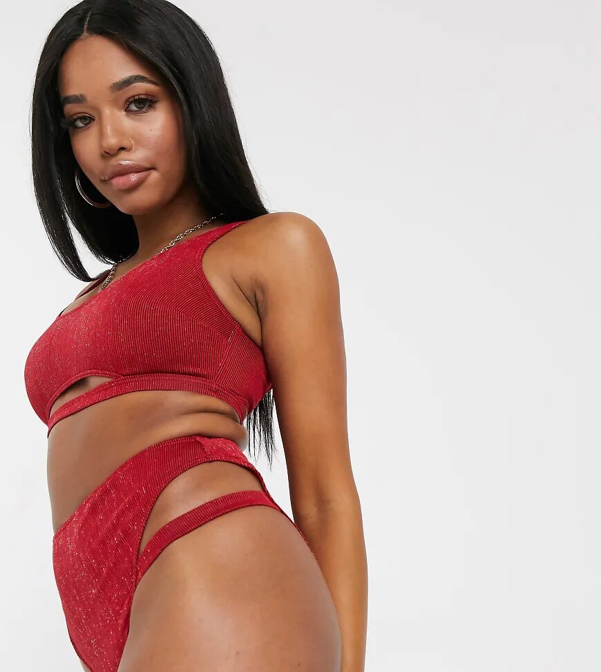 Wolf & Whistle Fuller Bust Exclusive cut out crop bikini top in red glitter rib D-F  Red