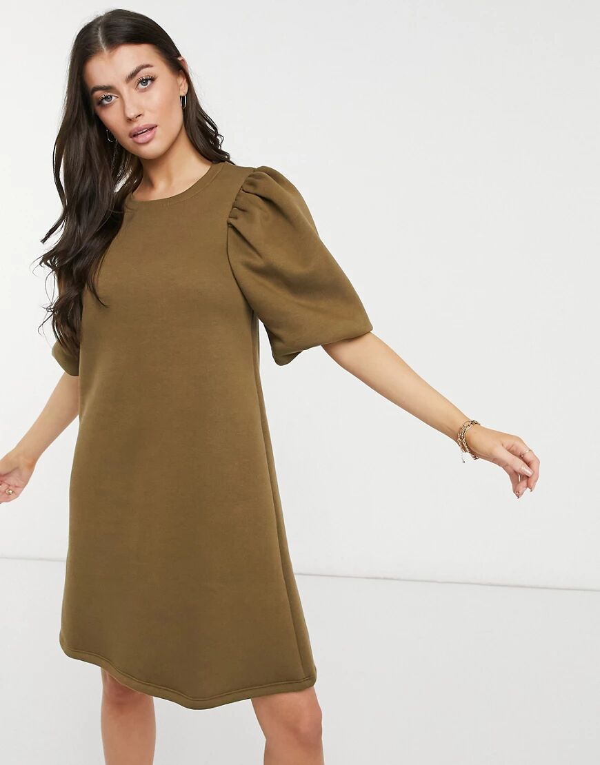 Y.A.S mini sweat dress with puff ball sleeves in khaki-Green  Green