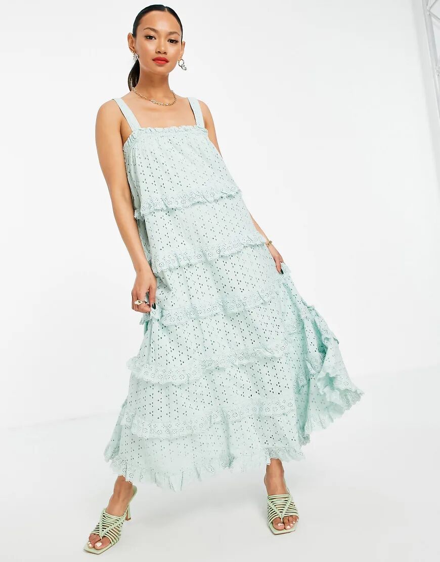 Y.A.S organic cotton tiered broderie maxi dress in light blue-Green  Green