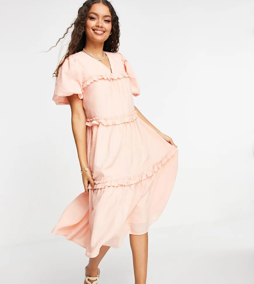 Y.A.S Petite crepe tiered puff sleeve midi dress in peach-Pink  Pink