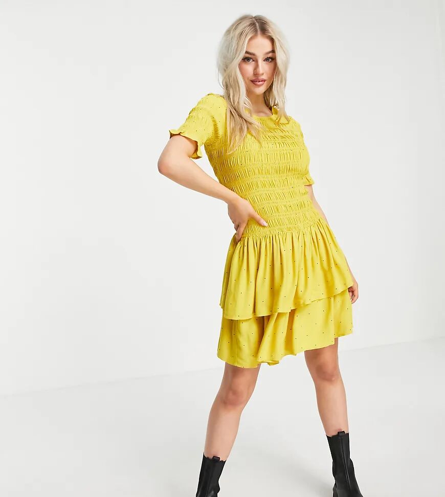 Y.A.S Petite mini dress with shirred top and tiered skirt in yellow spot print-Multi  Multi