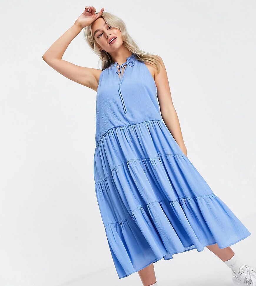Y.A.S Petite tie neck tiered midi dress in blue  Blue