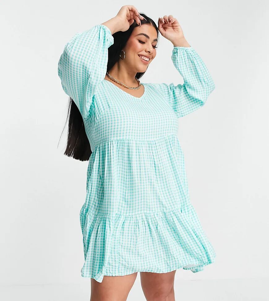 Yours Exclusive peplum mini dress in mint & white check-Blue  Blue