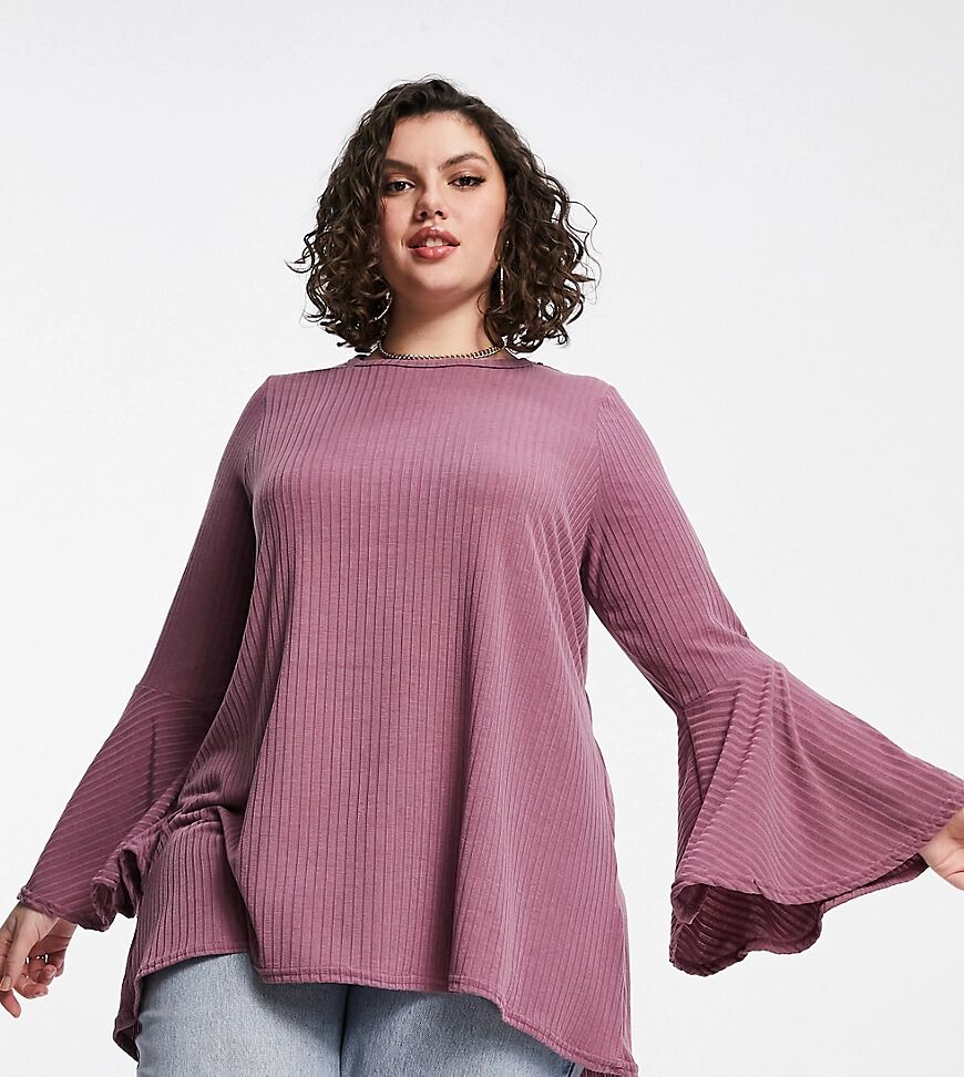 Yours ribbed flare sleeve top in mauve-Neutral  Neutral