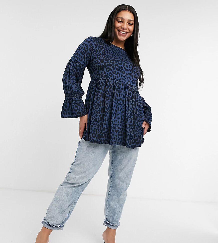 Yours smock top with balloon sleeves in navy leopard print  Navy