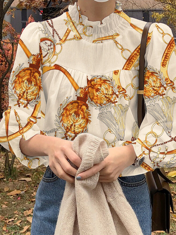 ZANZEA Chain Print Long Sleeve Shirred Half-collar Blouse For Women