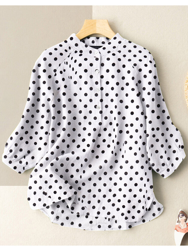 ZANZEA Dot Print Button Stand Collar 3/4 Sleeve Blouse For Women
