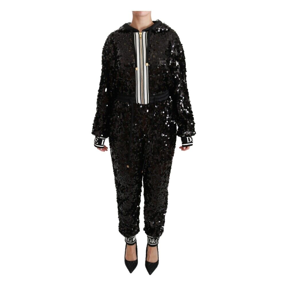 Dolce & Gabbana Paljett Genser med hette Kjole Jumpsuit Sort Female