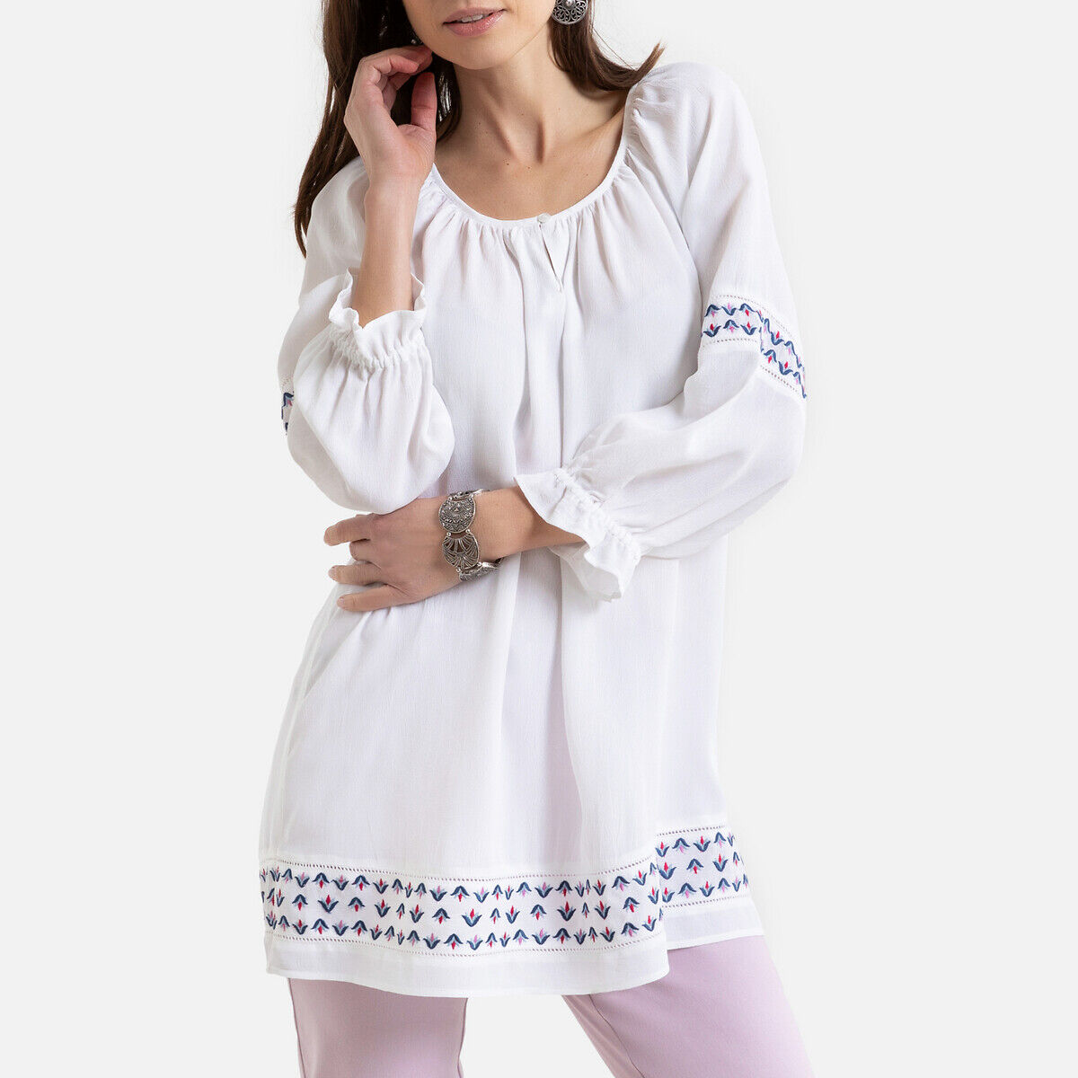 Anne Weyburn Blusa bordada, gola redonda, mangas 3/4   Branco