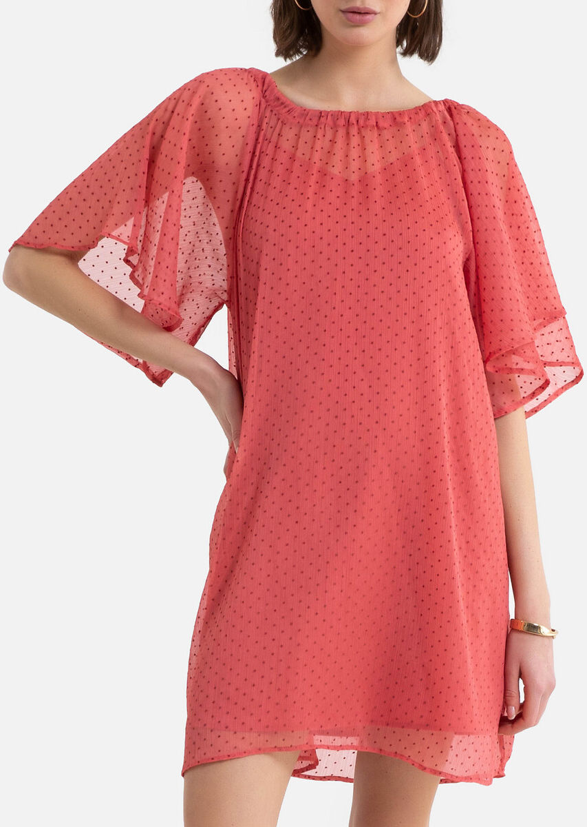 La Redoute Collections Vestido curto e evasé, em voile com ponto cheio   rosa