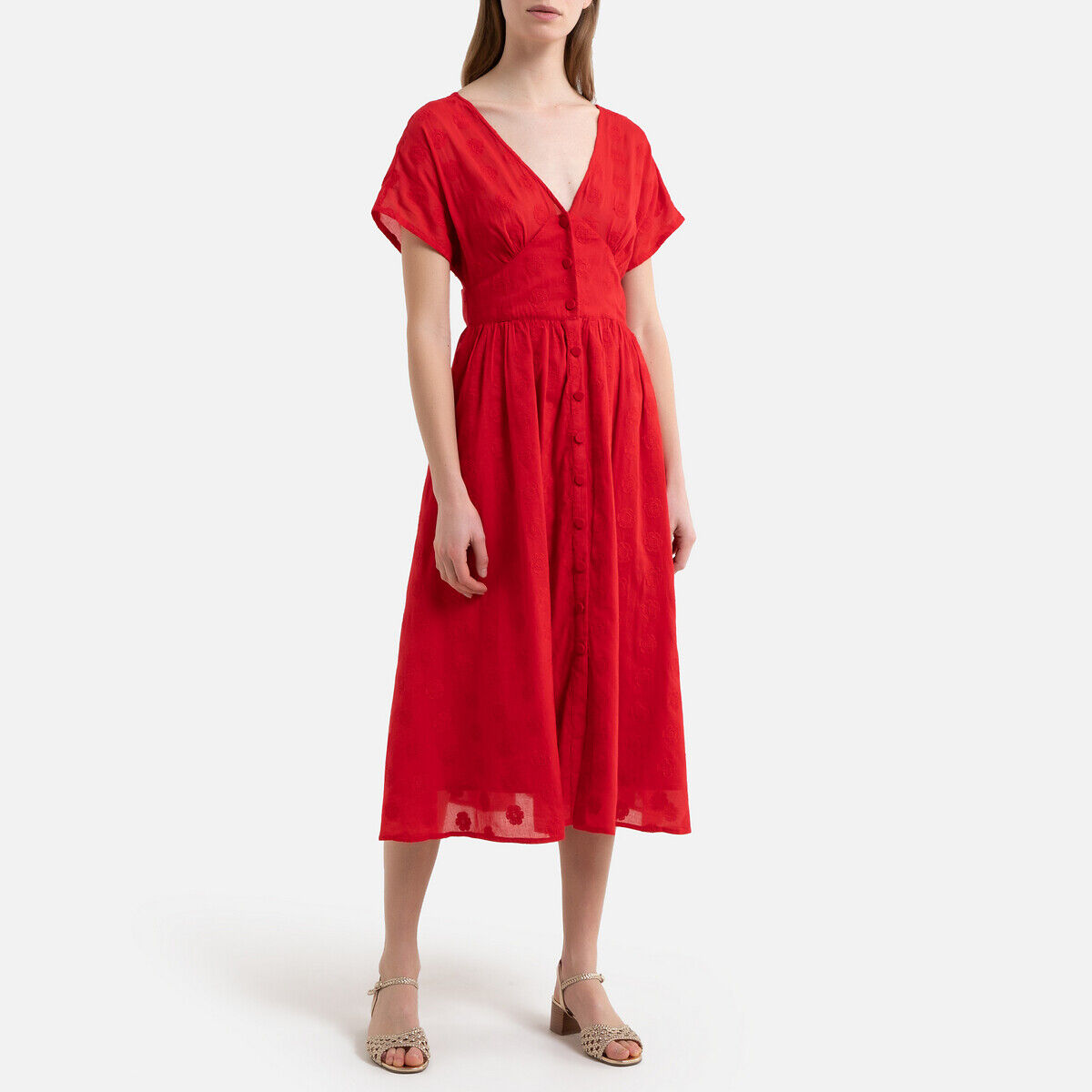 La Brand Boutique Collection Vestido bordado com botões e mangas curtas   Vermelho