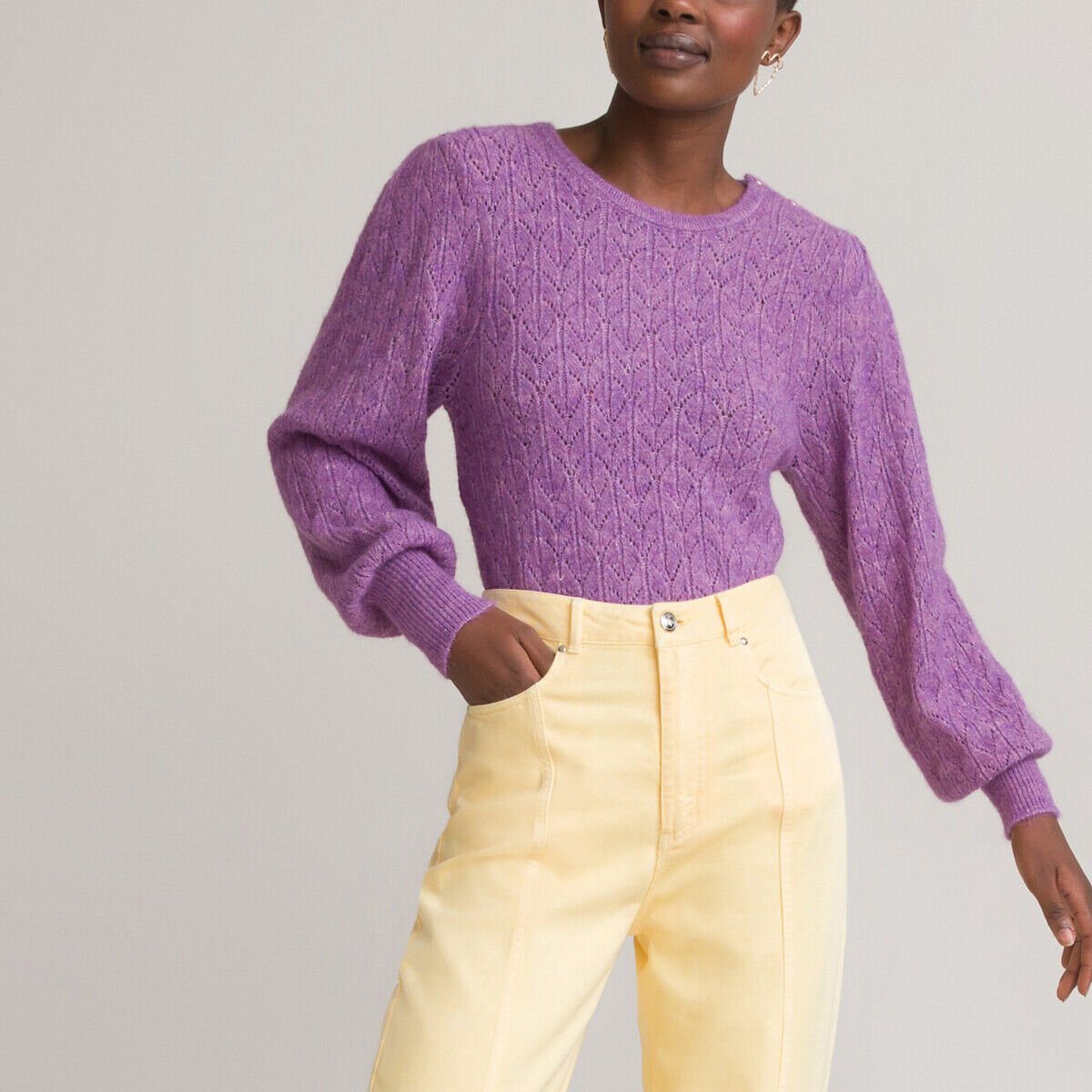 La Redoute Collections Camisola com gola redonda, em malha fina fantasia   Violeta