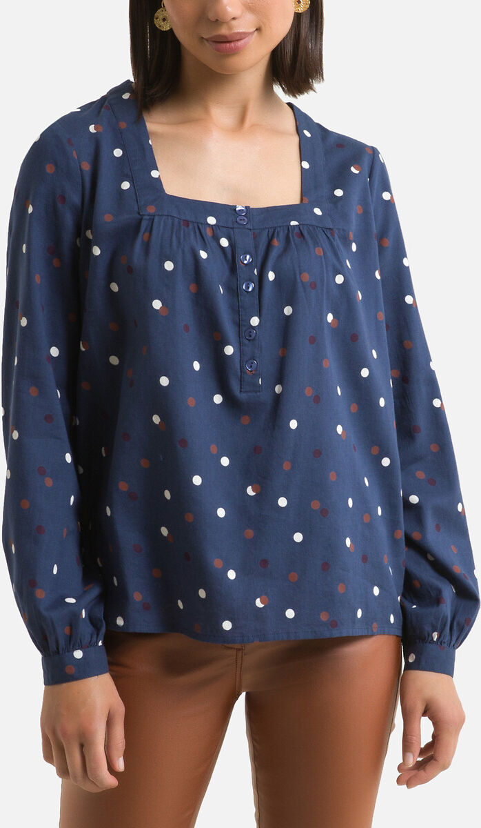 Anne Weyburn Blusa com decote quadrado, estampado gráfico   estampado fundo azul