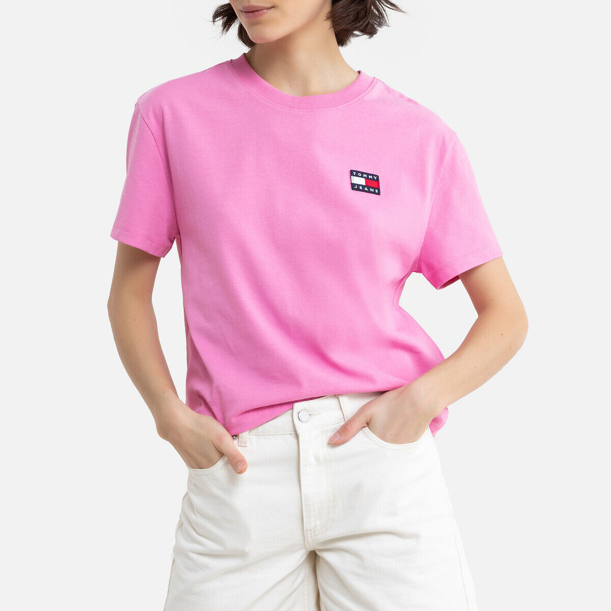 Tommy Jeans T-shirt curta, mangas curtas, logótipo bordado   rosa