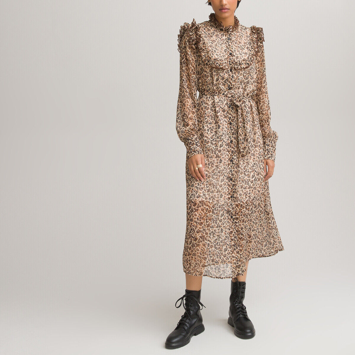 La Redoute Collections Vestido comprido e evasé estilo camisa, com folhos   estampado leopardo