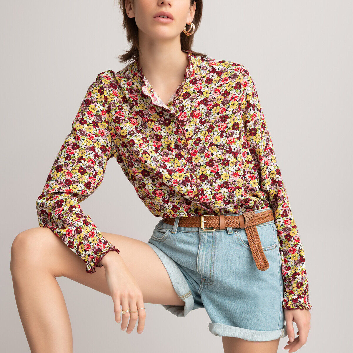 La Redoute Collections Blusa com gola subida, estampado floral, mangas compridas   estampado flores multicolor