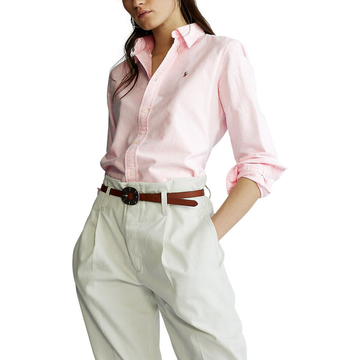 Polo Ralph Lauren Camisa às riscas Oxford com mangas compridas   rosa/branco