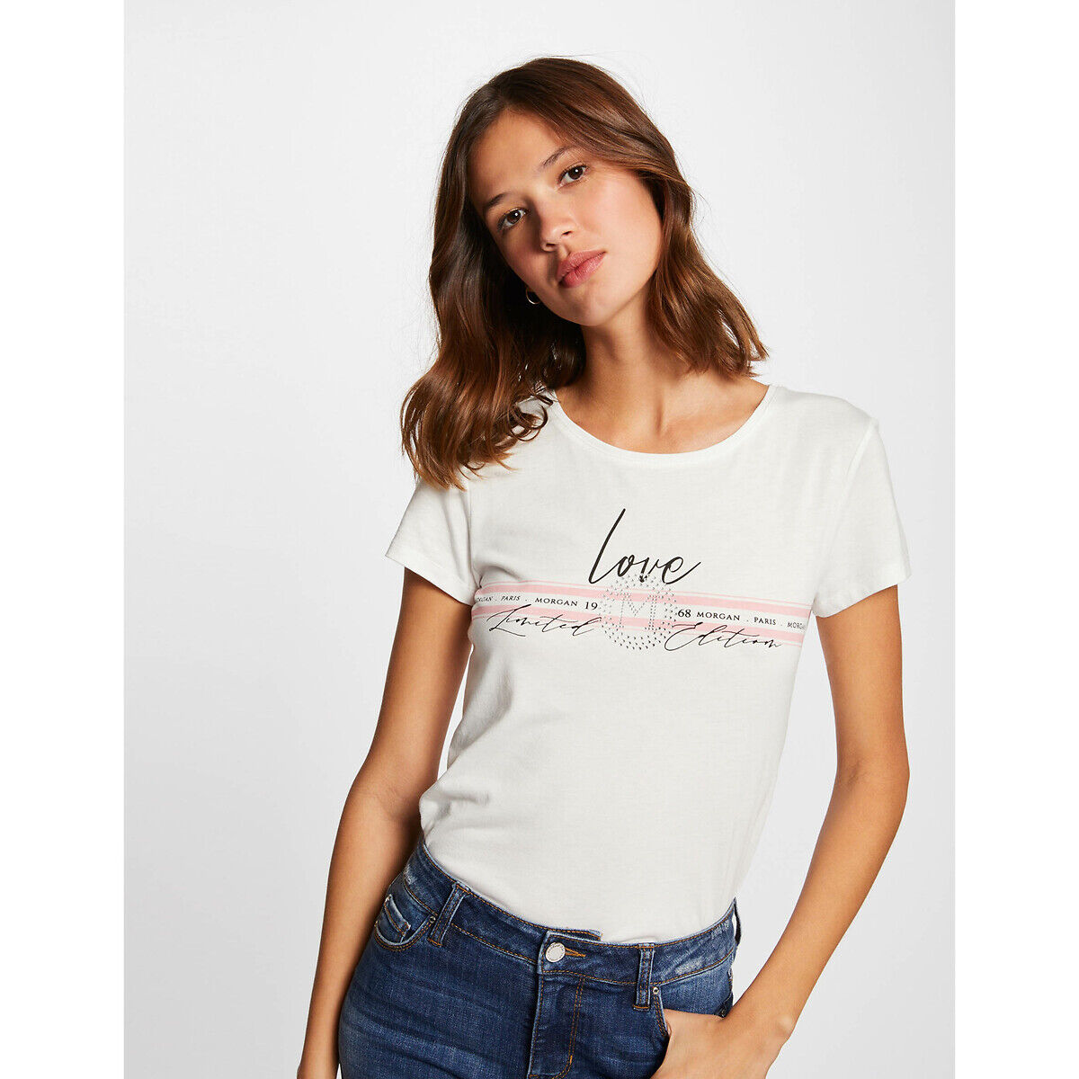 Morgan T-shirt de mangas curtas com inscrição   branco/rosa