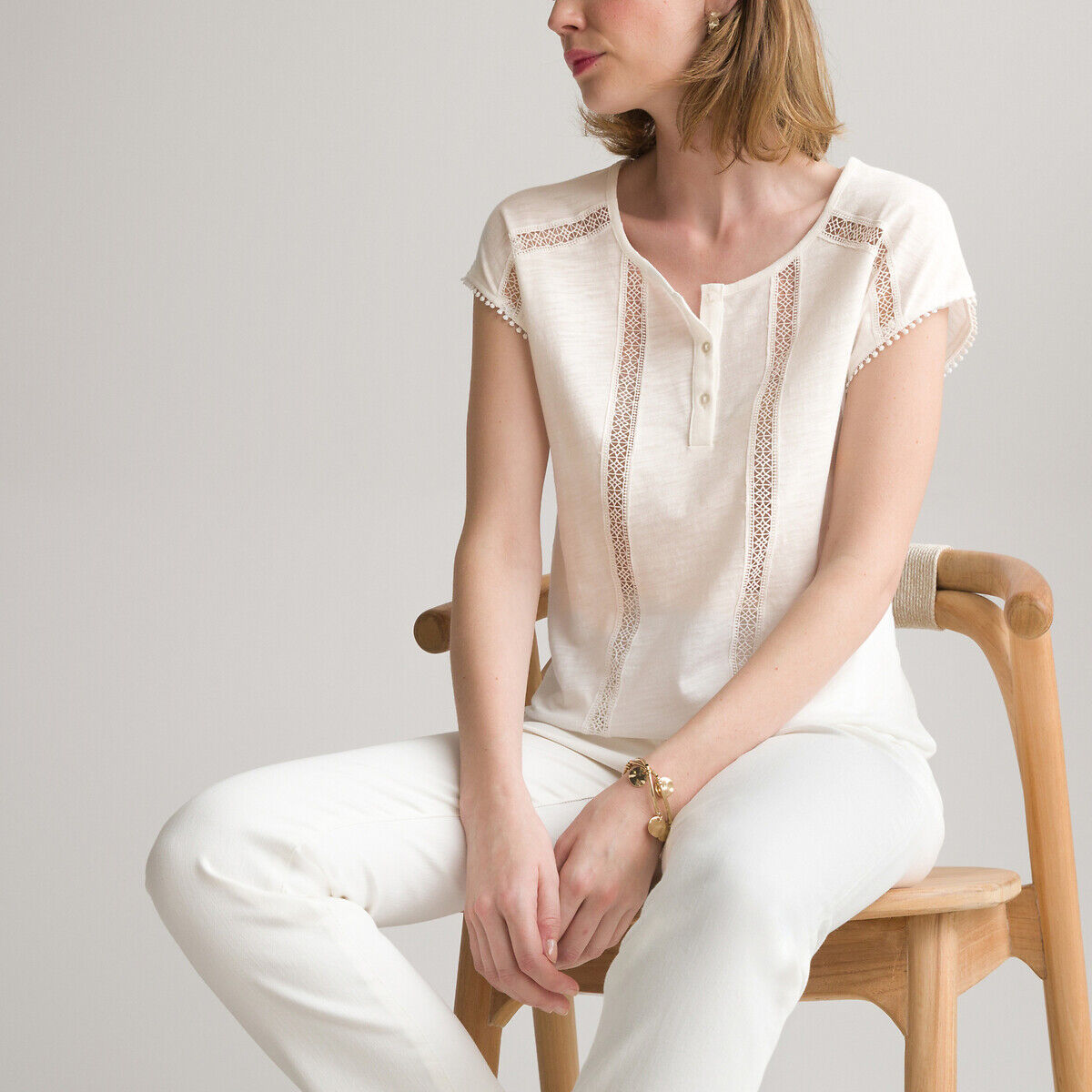 Anne Weyburn T-shirt com decote tunisino, mangas curtas   Branco