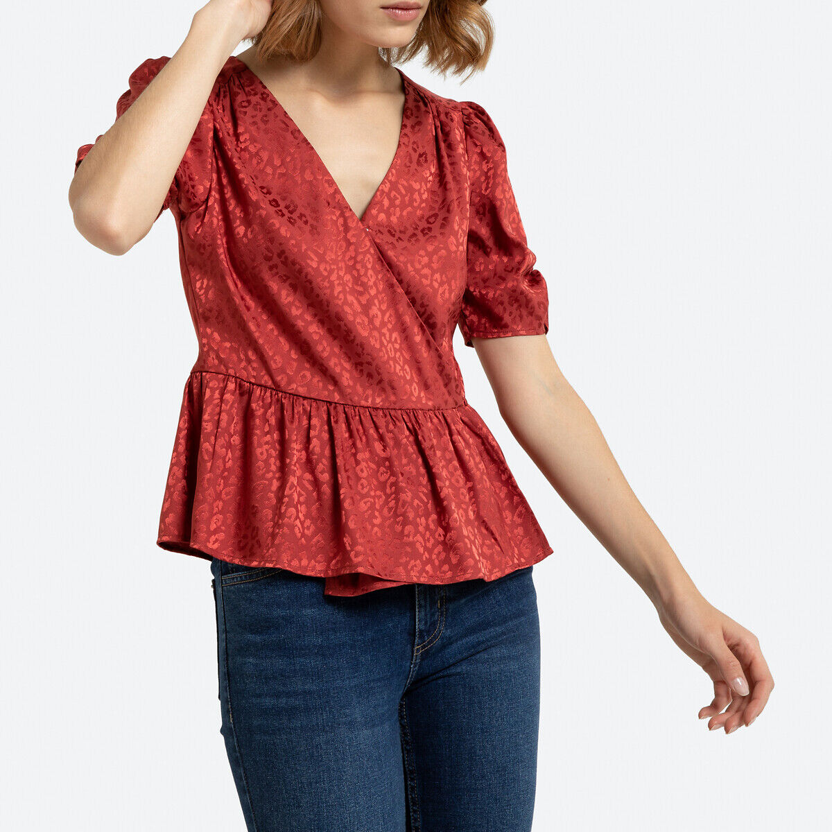 La Redoute Collections Blusa traçada, mangas curtas   tijolo