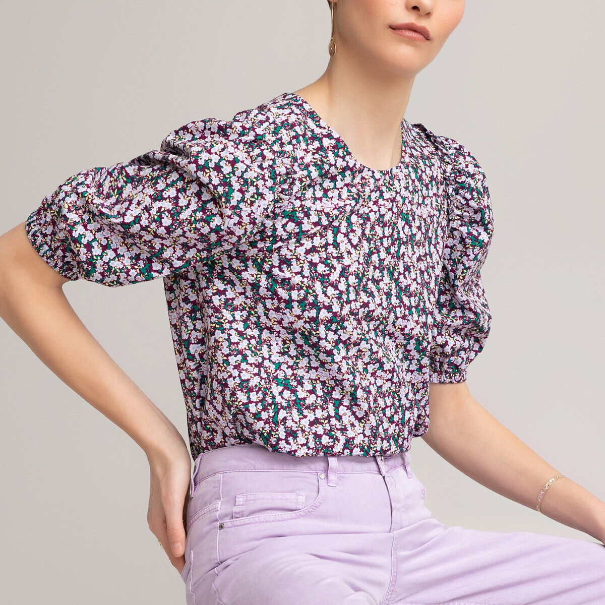 La Redoute Collections Blusa com gola redonda e mangas curtas   violeta estampado