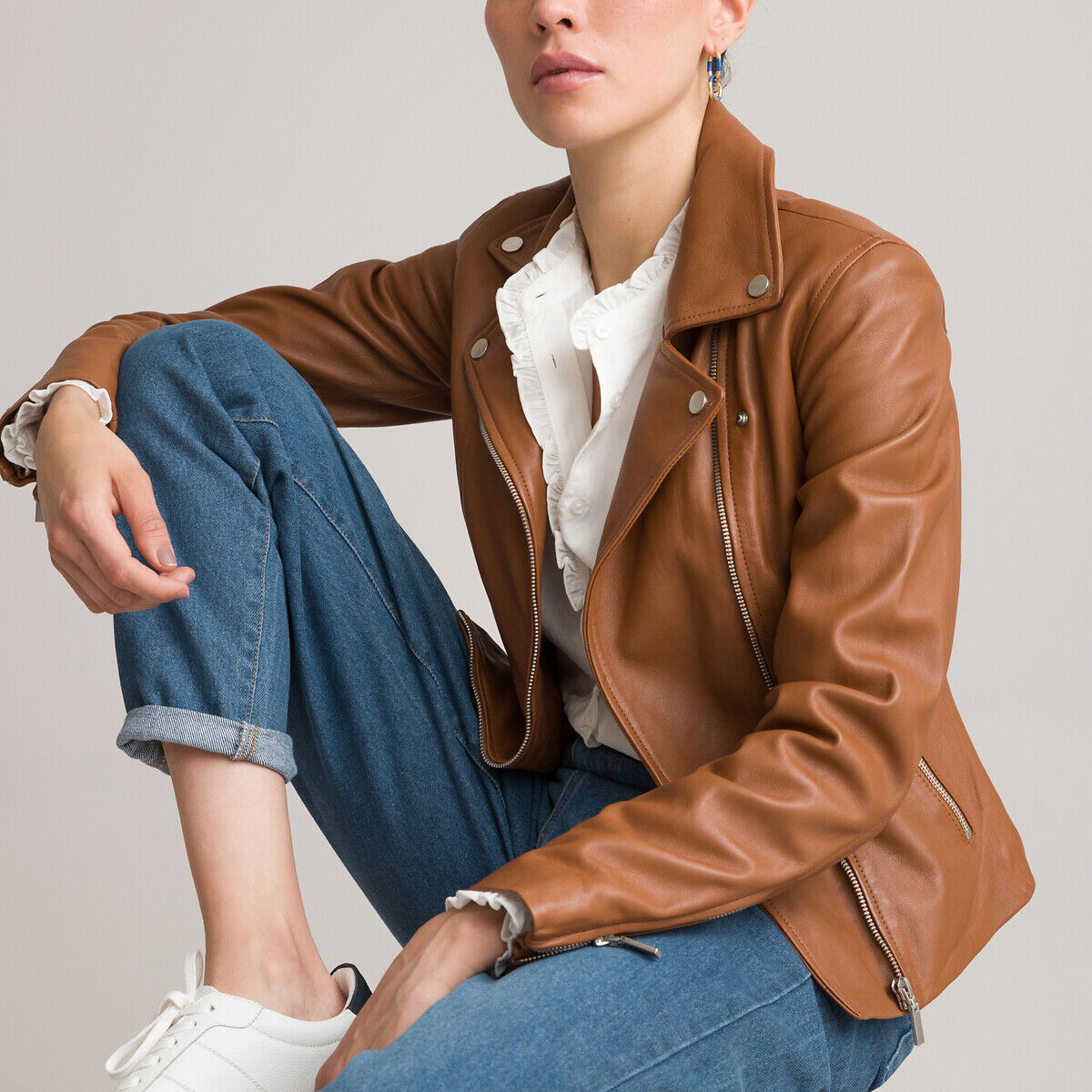 La Redoute Collections Blusão biker em pele   Camel