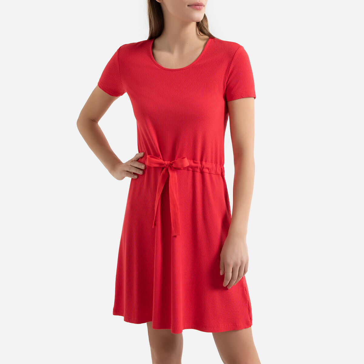 La Redoute Collections Vestido curto em malha, cordão de correr na cintura   Vermelho