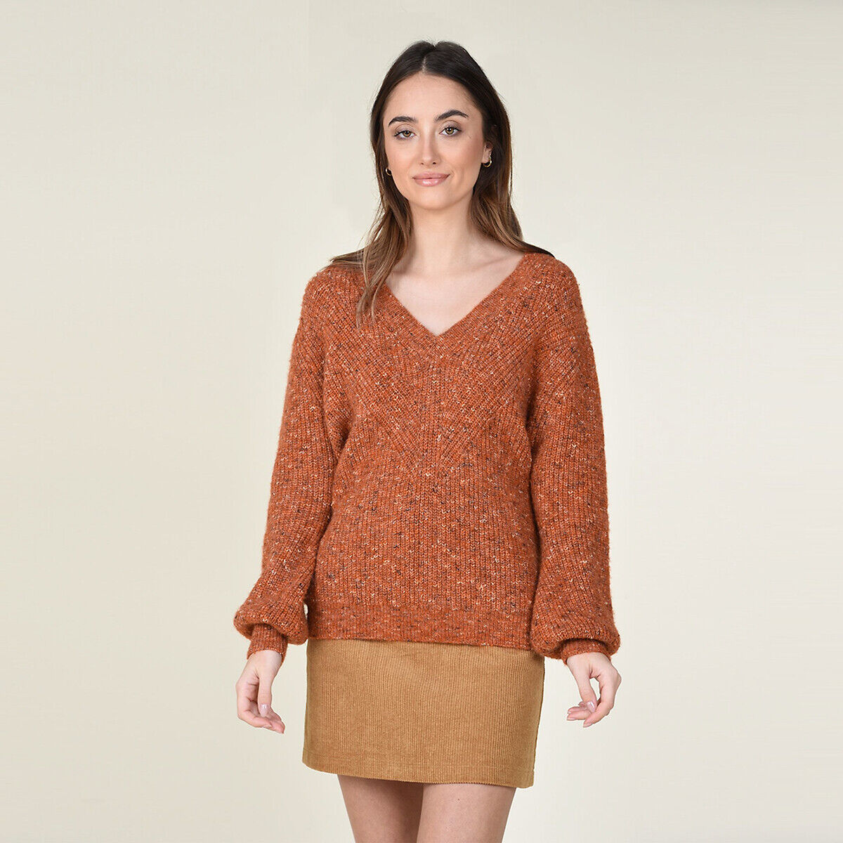 Molly Bracken Camisola em malha mesclada, decote em V, corte amplo   ferrugem