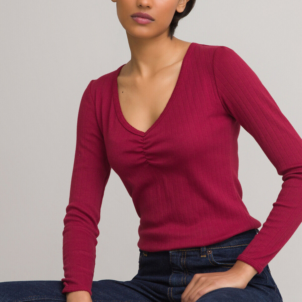 La Redoute Collections Camisola com decote em V, malha ajurada   Bordeaux