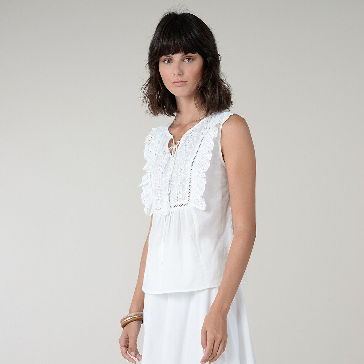 Molly Bracken Blusa de cavas com detalhes bordados, em algodão   Branco