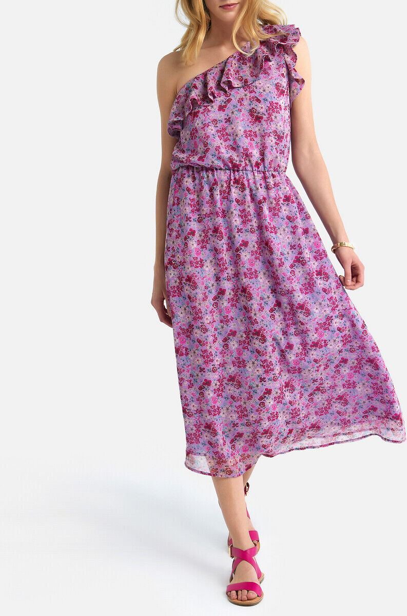 La Redoute Collections Vestido com decote assimétrico e folhos   estampado flor fundo rosa