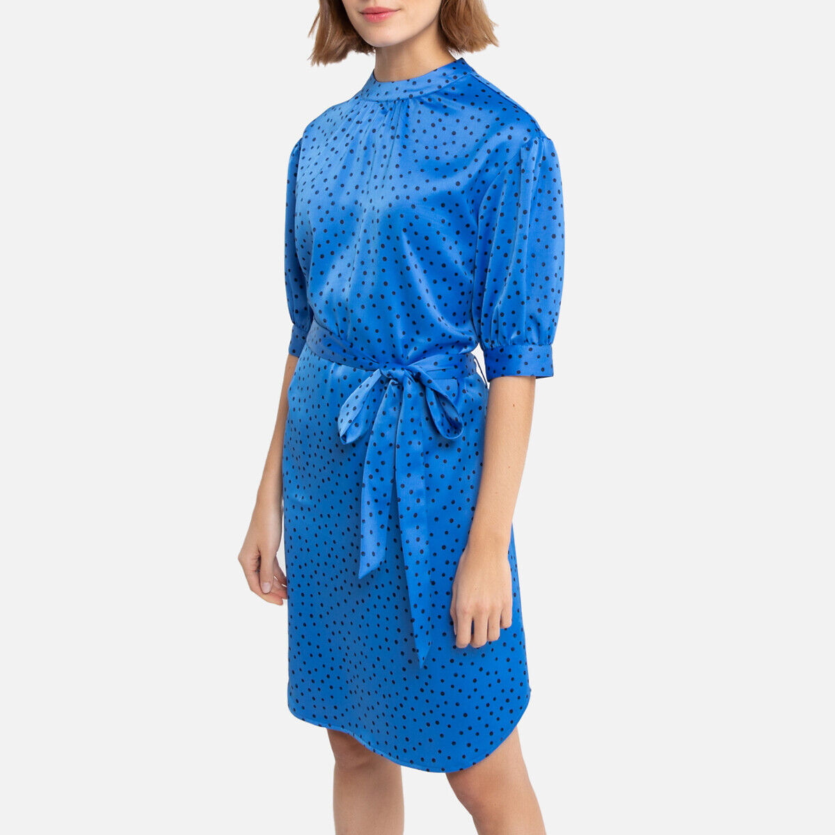 La Redoute Collections Vestido curto com mangas pelos cotovelos, estampado às bolas   Estampado bolas fundo azul