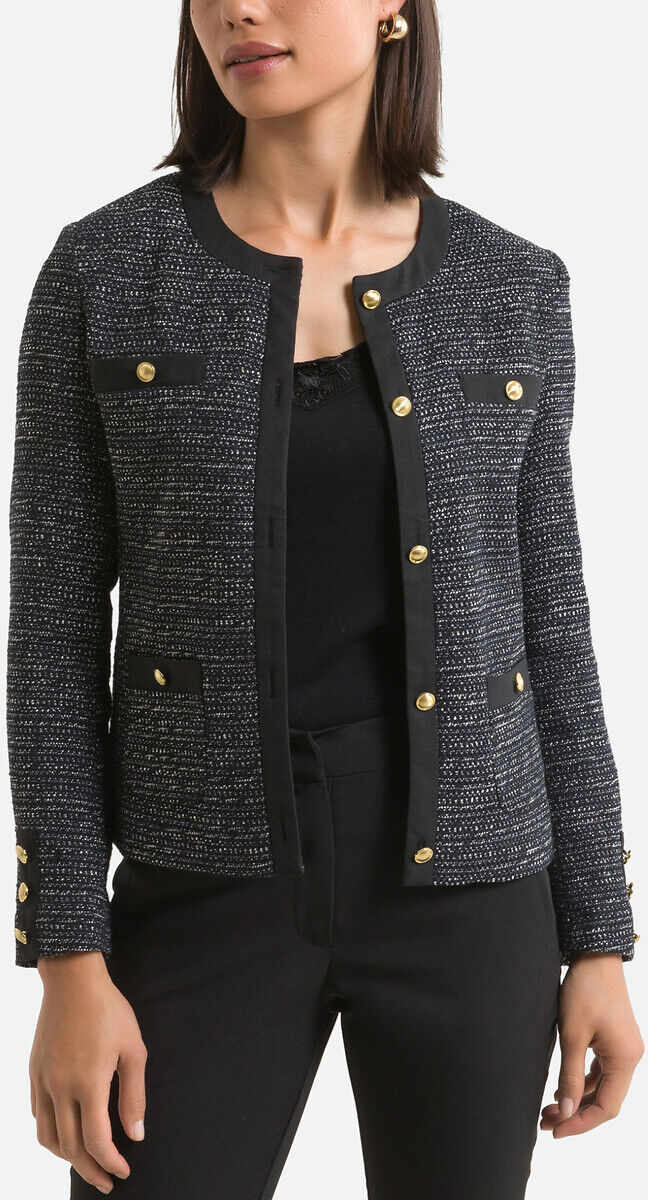 Anne Weyburn Blazer curto cintado, em tweed   Preto/Branco