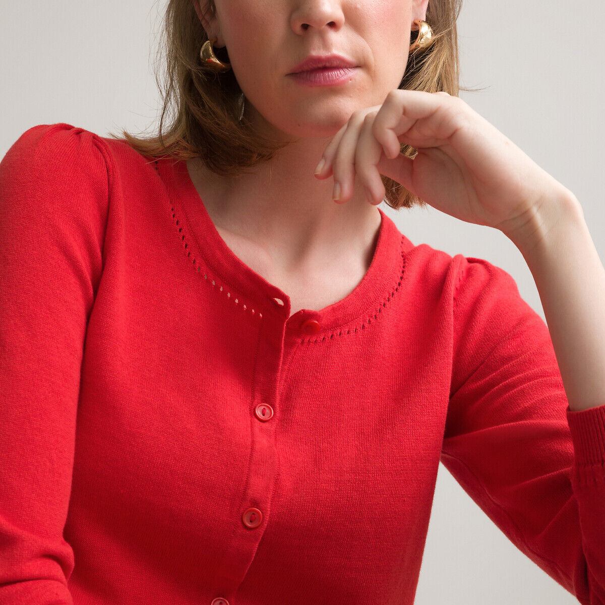 Anne Weyburn Casaco com gola redonda, em malha fina, com botões   vermelho-alaranjado