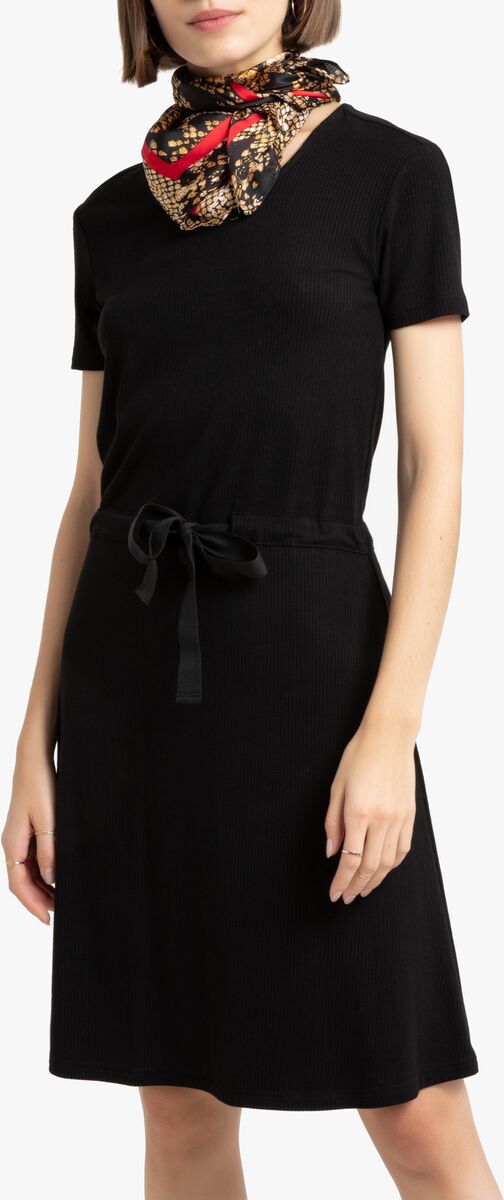 La Redoute Collections Vestido curto em malha, cordão de correr na cintura   Preto