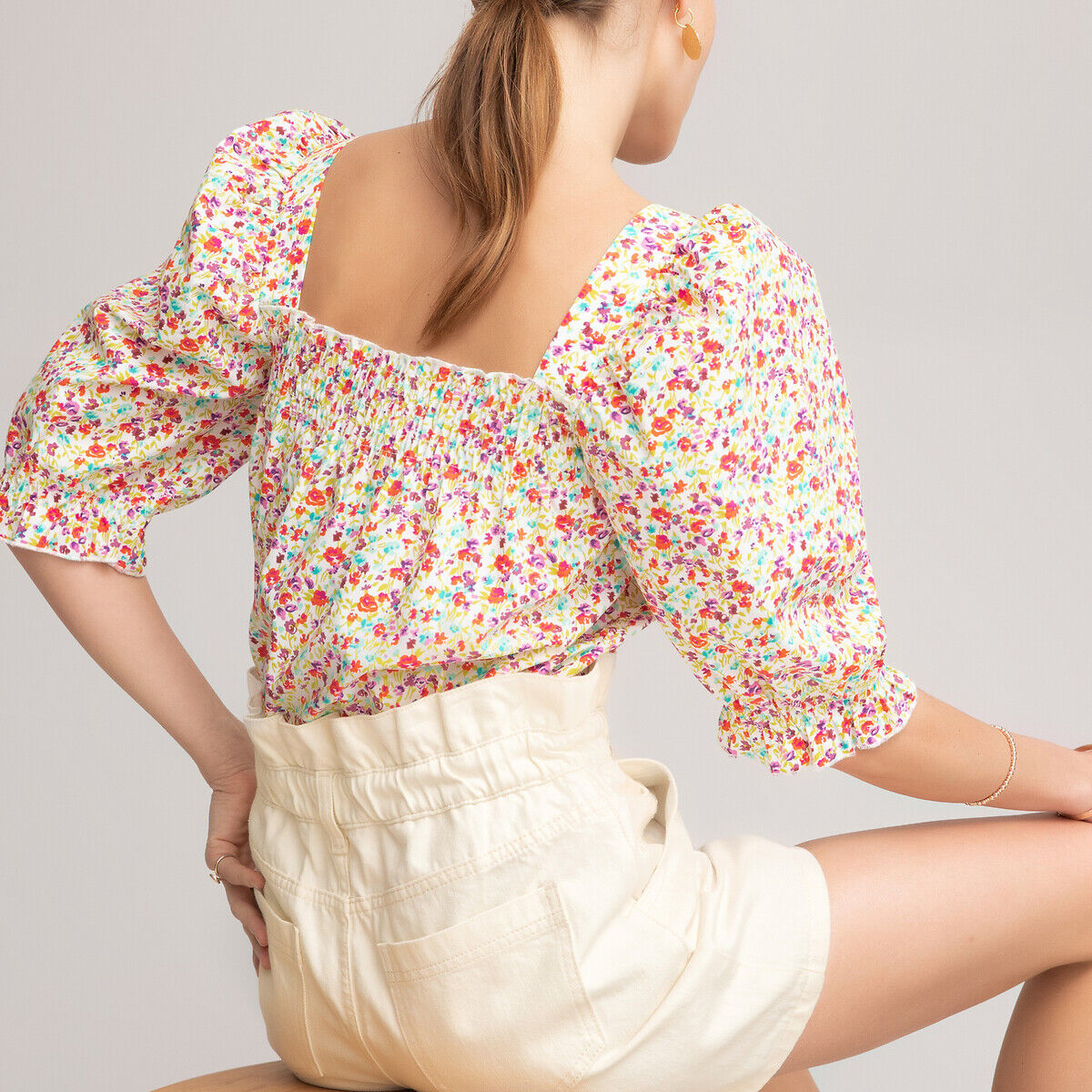 La Redoute Collections Blusa com decote quadrado, mangas curtas   Estampado Multicolor