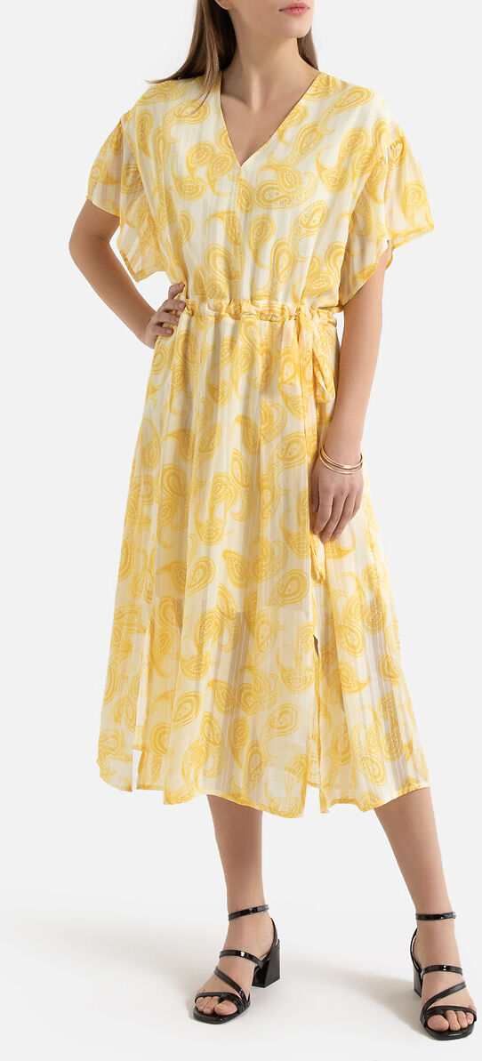 La Redoute Collections Vestido estampado com decote em V, folho nas mangas curtas   Estampado Amarelo