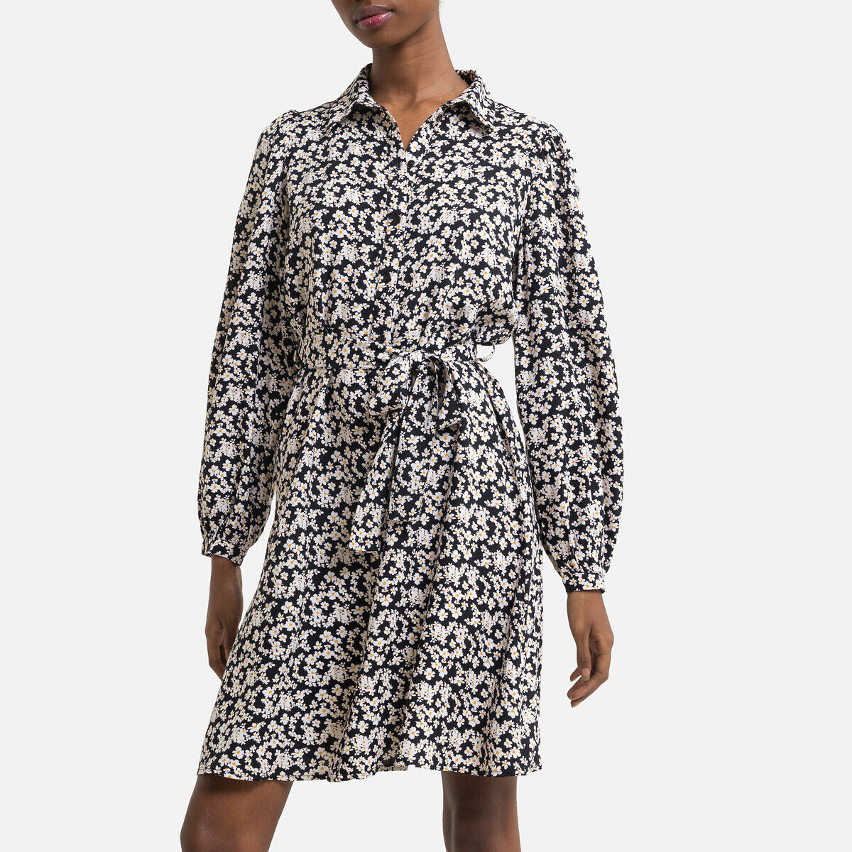 Pieces Vestido curto tipo camisa, estampado   estampado fundo preto