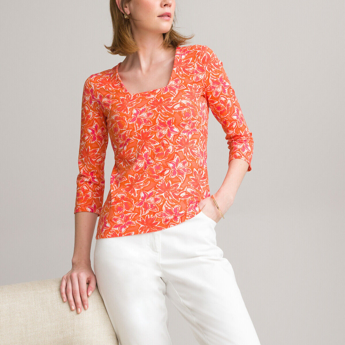 Anne Weyburn Camisola com decote quadrado, mangas 3/4, estampado floral   estampado fundo coral